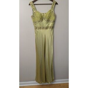 Vintage Y2K Silk Gown Size 4 Beaded Maxi Dress Fairy Prom Hoco Olive Green 90s